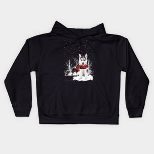 Christmas Husky With Scarf In Winter Forest Kids Hoodie